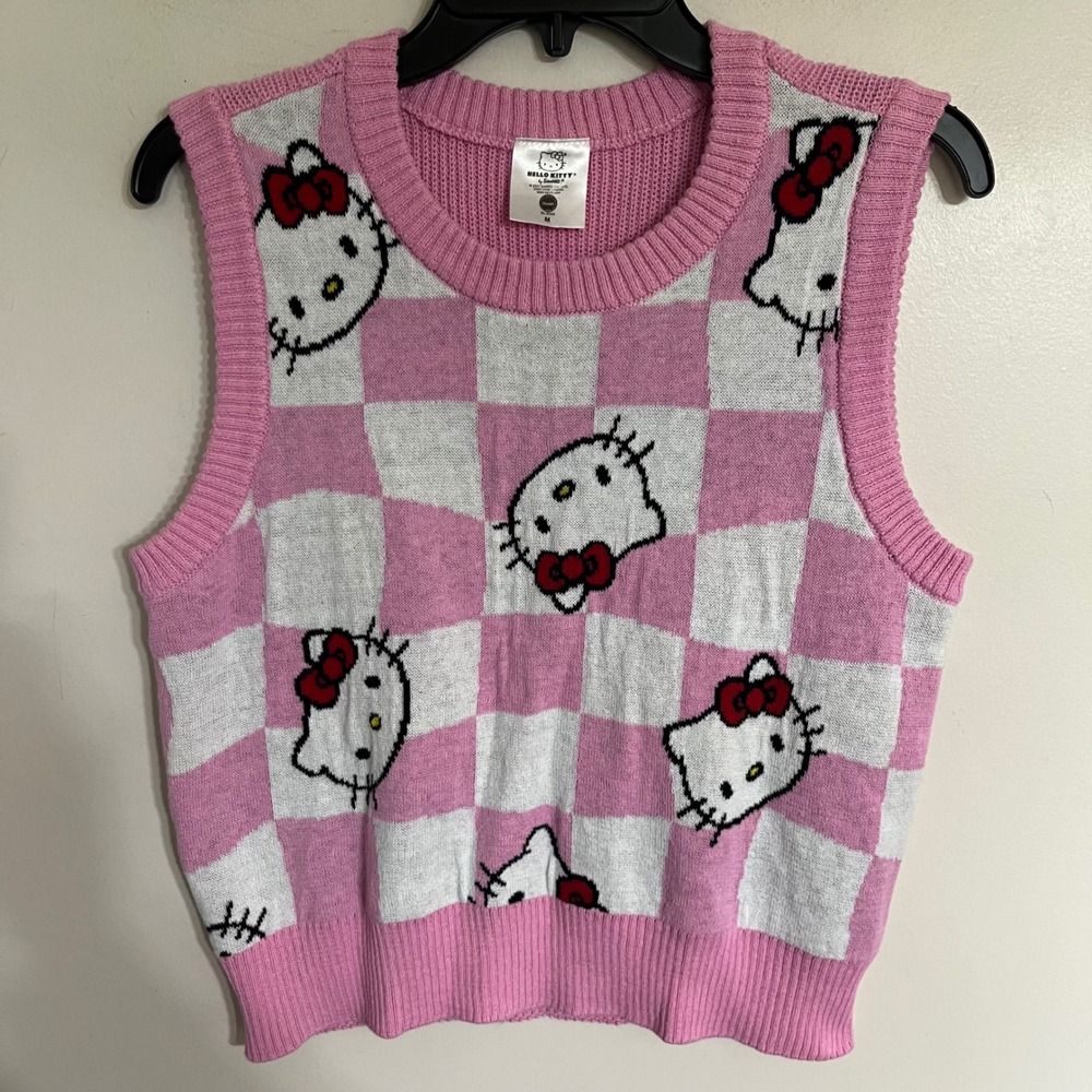 Hello Kitty Sanrio‎ Pink Checkered Sweater Vest Womens Medium Y2K Knit Tank Top
